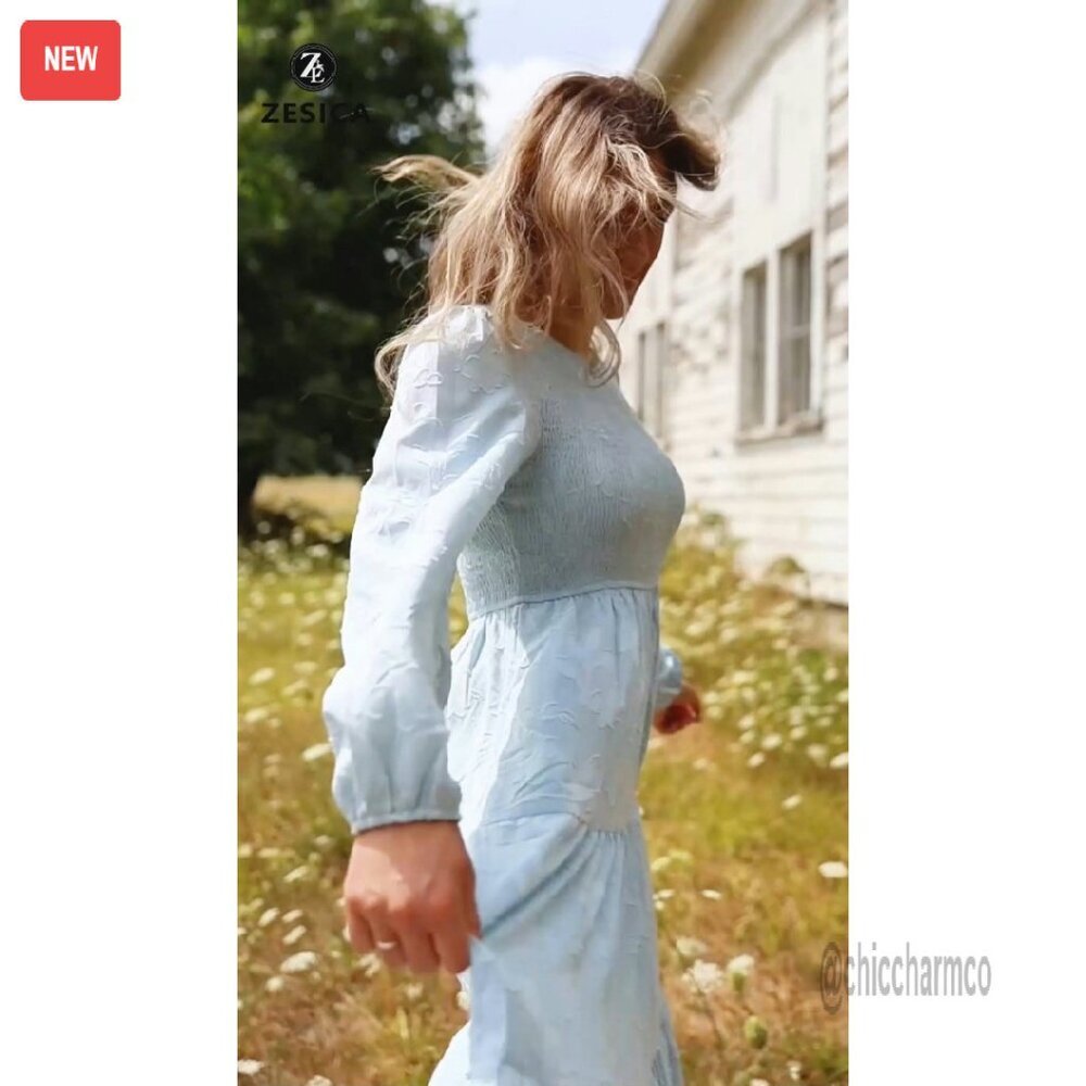 Boho Floral Midi Dress Long Sleeve Crewneck Flow Wedding Guest - Picture 8 of 8